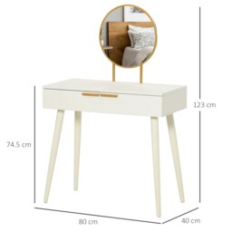 Rackhams Modern Dressing Table w/ 2 Drawers Round Mirror for Bedroom White - White - 80cm x 40cm x 123cm - thumbnail 4