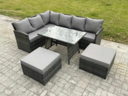 Rackhams Rattan Garden Furniture Corner Sofa Set with Oblong Dining Table 2 Big Footstool Outdoor Wicker Rattan Set Dark Grey Mixed - thumbnail 1