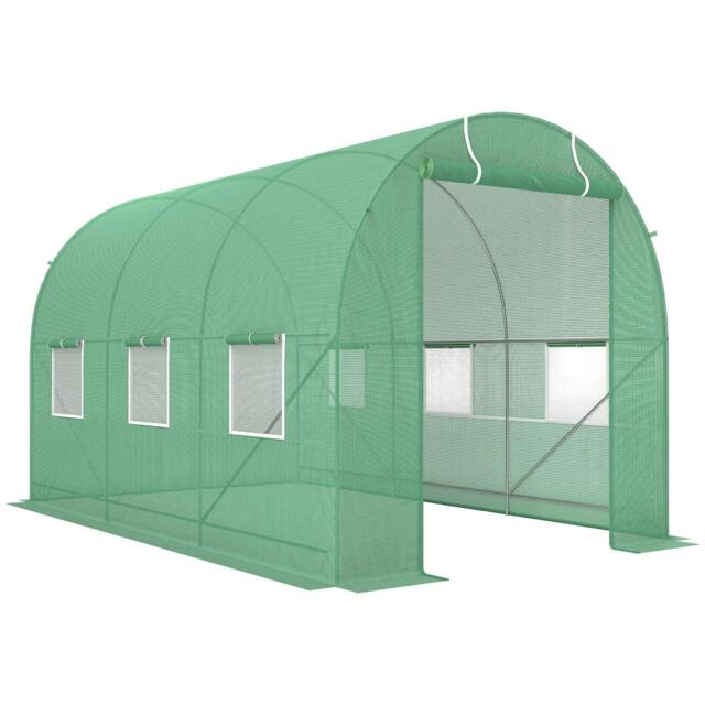 Rackhams 3.5 x 2m Walk-In Polytunnel Greenhouse, with Steel Frame, PE Cover, Roll-Up Door and 6 Windows, Green - image 1
