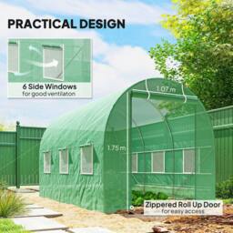 Rackhams 3.5 x 2m Walk-In Polytunnel Greenhouse, with Steel Frame, PE Cover, Roll-Up Door and 6 Windows, Green - thumbnail 4