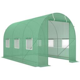 Rackhams 3.5 x 2m Walk-In Polytunnel Greenhouse, with Steel Frame, PE Cover, Roll-Up Door and 6 Windows, Green - thumbnail 1