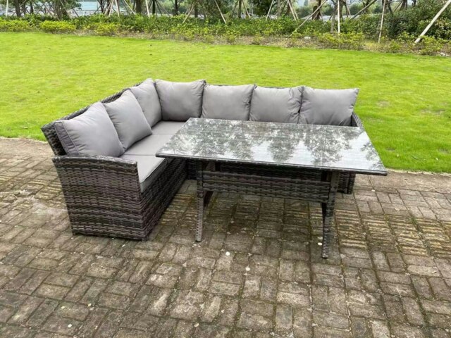 Rackhams High Back Dark Mixed Grey Rattan Corner Sofa Set Outdoor Furniture Rectangular Dining Table 6 Seater - image 1