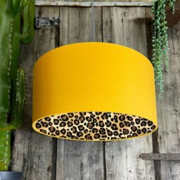 "Rackhams Leopard Print Silhouette Lampshade in Egg Yolk Yellow Cotton - Ceiling Pendant / Arc Lamp - 35cm Diameter x 20cm Height / (14"" x 8"")" - thumbnail 1