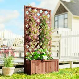 Rackhams 72.5 x 31.5 x 149.5 cm 45L Garden Wooden Pine Trough Planter with Topped Trellis Climbing Plants Flower Raised Bed, Orange - thumbnail 2