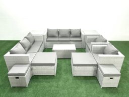 Rackhams 11 Pieces Rattan Garden Furniture Set Outdoor Garden Sofa Chair Coffee Table Set with 4 Footstools 2 Side Tables Light Grey Mixed - thumbnail 1