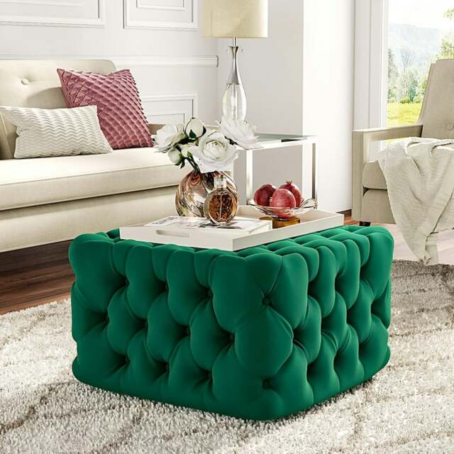 Rackhams Square Velvet Ottoman Footstool Deep Button - 92cm W - Green