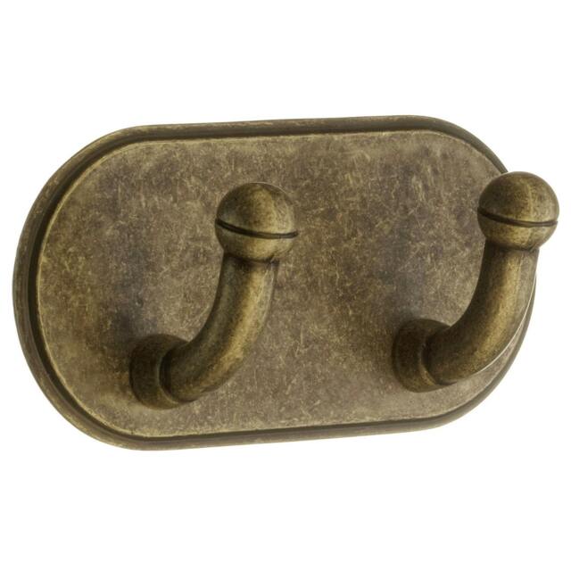 Rackhams Antique Brass Finish Double Hook (96 x 48mm) Self Adhesive Bathroom Wall Mounted