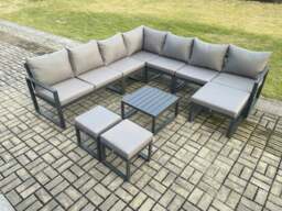 Rackhams Aluminium Outdoor Garden Furniture Set Lounge Corner Sofa Square Coffee Table Sets with 3 Footstools Dark Grey - thumbnail 1