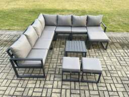 Rackhams Aluminium Outdoor Garden Furniture Set Lounge Corner Sofa Square Coffee Table Sets with 3 Footstools Dark Grey - thumbnail 2