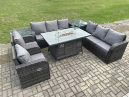Rackhams Rattan Outdoor Garden 8 Seater Furniture Set with Fire Pit Table,Chair and Side Table Patio Sofa Set - Dark Grey - thumbnail 1