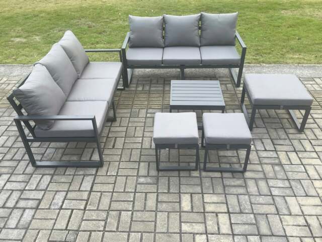 Rackhams Aluminium 9 Seater Outdoor Garden Furniture Lounge Sofa Set with Square Coffee Table 3 Footstools Dark Grey - image 1