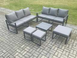 Rackhams Aluminium 9 Seater Outdoor Garden Furniture Lounge Sofa Set with Square Coffee Table 3 Footstools Dark Grey - thumbnail 2