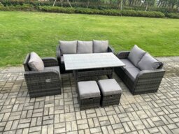 Rackhams 8 Seater Rattan Garden Furniture Set with Patio Sofa Rectangular Dining Table 2 Small Footstools Indoor Conservatory Patio Set - thumbnail 2