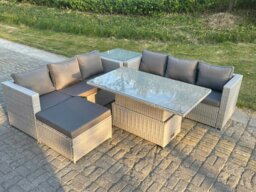 Rackhams Rattan Garden Funiture Set Adjustable Rising Lifting Table Sofa Dining Set With Side Coffee Tea Table Footstool - thumbnail 2