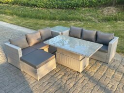 Rackhams Rattan Garden Funiture Set Adjustable Rising Lifting Table Sofa Dining Set With Side Coffee Tea Table Footstool - thumbnail 1