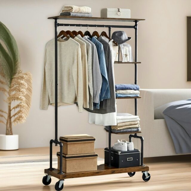 Rackhams Industrial Open Wardrobe On Wheels Rustic Brown - image 1