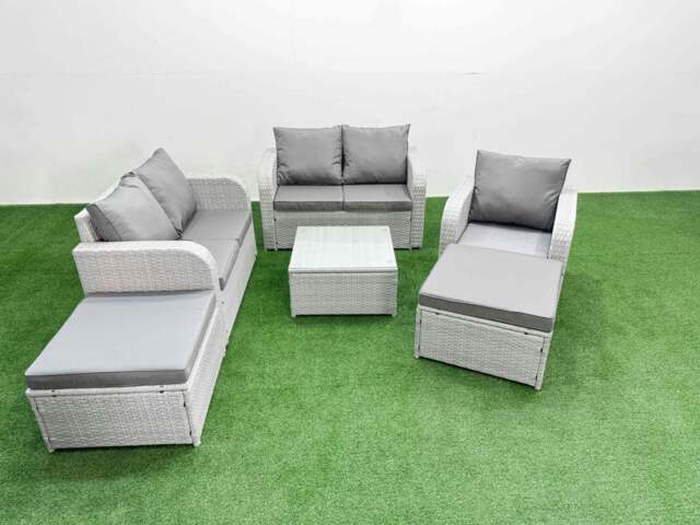 Rackhams High Back Rattan Garden Furniture Set with Reclining Chair Loveseat Sofa Square Coffee Table Indoor Outdoor Patio Set 2 Big Stool Light Grey - image 1