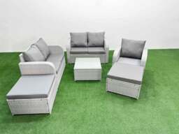 Rackhams High Back Rattan Garden Furniture Set with Reclining Chair Loveseat Sofa Square Coffee Table Indoor Outdoor Patio  Set 2 Big Stool Light Grey - thumbnail 1