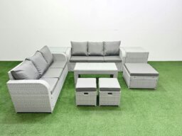 Rackhams 9-Seater High Back Rattan Garden Furniture Set - Light Grey Wicker Sofa with Oblong Coffee Table & 3 Stools - thumbnail 1