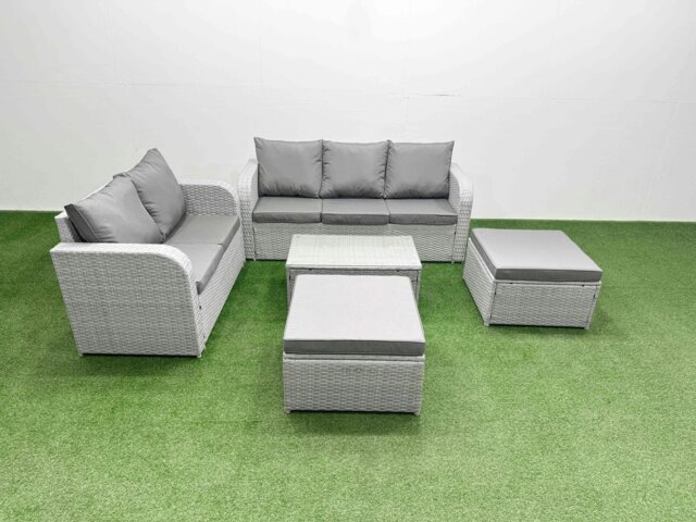 Rackhams 7 Seater PE Rattan Wicker Garden Furniture Patio Conservatory Sofa Set with Rectangular Coffee Table 3 Seater Sofa Love Sofa 2 Big Footstool - image 1