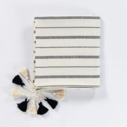 Rackhams Tessa Cotton Tasselled Throw Blanket - Off-White with Black Stripes