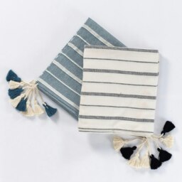 Rackhams Tessa Cotton Tasselled Throw Blanket - Off-White with Black Stripes - thumbnail 3