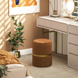 Rackhams Round Pouffe Storage Footstool with Cushioned Top - Light Brown - Polyester - 36cm x 36cm x 44cm