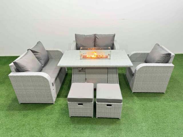 Rackhams High Back Poly Rattan Garden Furniture Set with Reclining Chair Loveseat Sofa Fire Pit Dining Table Indoor Outdoor Patio Set 2 Stool Light Grey - image 1