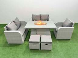 Rackhams High Back Poly Rattan Garden Furniture Set with Reclining Chair Loveseat Sofa Fire Pit Dining Table Indoor Outdoor Patio Set 2 Stool Light Grey - thumbnail 1
