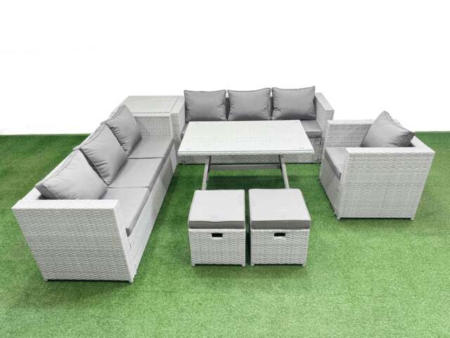Rackhams Outdoor Rattan Garden Furniture Dining Set 9 seater Patio Rectangular Table 3 Seater Sofa Armchair Set with Side Table 2 Small Stools - image 1