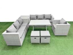 Rackhams Outdoor Rattan Garden Furniture Dining Set 9 seater Patio Rectangular Table 3 Seater Sofa Armchair Set with Side Table 2 Small Stools - thumbnail 1