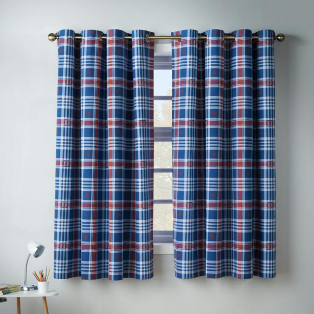 Rackhams Stars And Check Fully Reversible Eyelet Curtains Blue - 66 x 72 Inch - Blue - image 1
