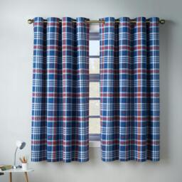 Rackhams Stars And Check Fully Reversible Eyelet Curtains Blue - 66 x 72 Inch - Blue