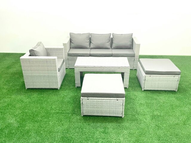 Rackhams Outdoor Rattan Garden Furniture Set with Grey Cushions Luxury 6 Seater with 2 Big Footstools and Coffee Table For Conservatory,Patio - image 1