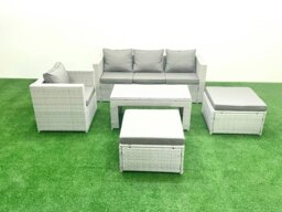 Rackhams Outdoor Rattan Garden Furniture Set with Grey Cushions Luxury 6 Seater with 2 Big Footstools and Coffee Table For Conservatory,Patio