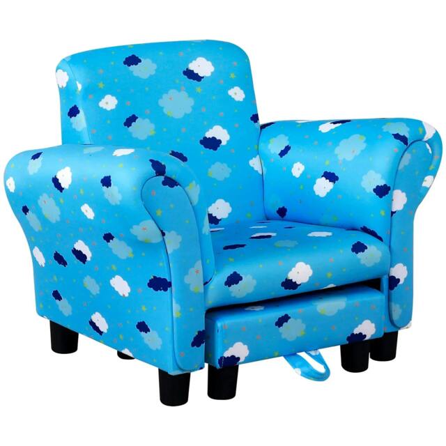 Rackhams Toddler Chair Children's Armchairs Wood Frame w/ Footrest Anti-Slip Legs High Back Arms for Bedroom Playroom Cute Cloud Star Blue - image 1