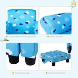Rackhams Toddler Chair Children's Armchairs Wood Frame w/ Footrest Anti-Slip Legs High Back Arms for Bedroom Playroom Cute Cloud Star Blue - thumbnail 4