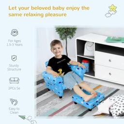 Rackhams Toddler Chair Children's Armchairs Wood Frame w/ Footrest Anti-Slip Legs High Back Arms for Bedroom Playroom Cute Cloud Star Blue - thumbnail 6