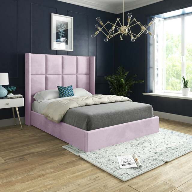 Rackhams Quanta Straight Winged Upholstered Soft Velvet Bed Frame - Pink - Pink - Small double - image 1