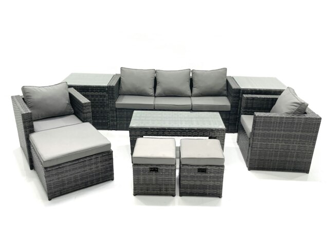 Rackhams 8 Seater Rattan Garden Furniture Set Outdoor Lounger Sofa with Coffee Table 2 Armchair 3 Footstools 2 Side Tables Dark Grey Mixed - image 1