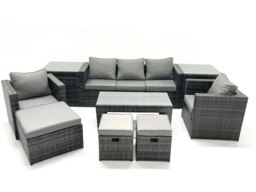 Rackhams 8 Seater Rattan Garden Furniture Set Outdoor Lounger Sofa with Coffee Table 2 Armchair 3 Footstools 2 Side Tables Dark Grey Mixed - thumbnail 2
