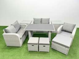 Rackhams Rattan Sofa Outdoor Furniture with Dining Table,2 Side Tables,Love Sofa,3 Stools Patio Furniture Light Grey 8 Seater