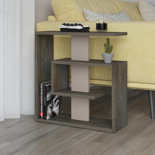 Rackhams Saly Modern 3-Tier Compact Side Table with Storage Shelves 57cm - Dark Brown-Mocha Grey - image 1