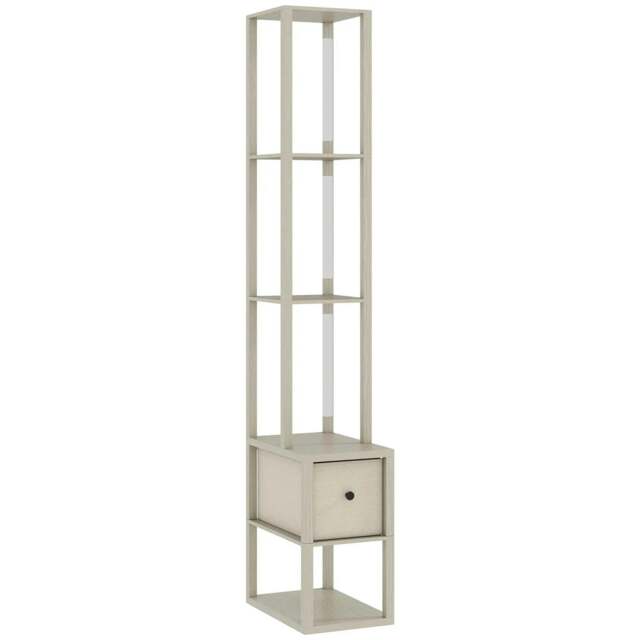 Rackhams Floor Lamp with Shelves, LED Column Modern Standing Lamp with Fabric Drawer, Adjustable Brightness, Foot Switch for Living Room, Bedroom, Office, Oak