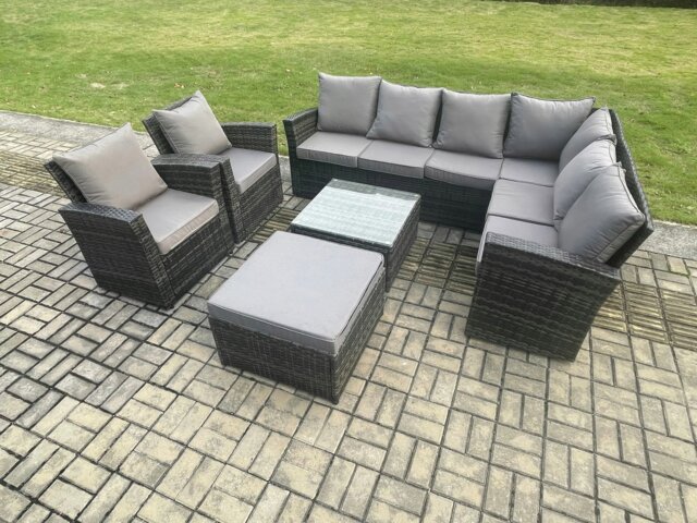 Rackhams 9 Seat Rattan Garden Furniture Corner Sofa Set Outdoor Patio Sofa Table Set with Big Footstool 2 Armchairs Dark Grey Mixed - image 1