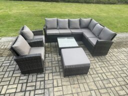 Rackhams 9 Seat Rattan Garden Furniture Corner Sofa Set Outdoor Patio Sofa Table Set with Big Footstool 2 Armchairs Dark Grey Mixed - thumbnail 2