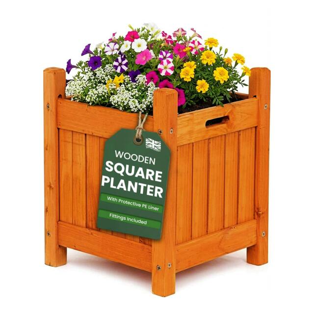 Rackhams My Garden Wooden Planter Square with PE Liner - 30 x 30 x 38 cm Weather Resistant Wooden Planter Box for Outdoor Use - 30x30x38 - Natural