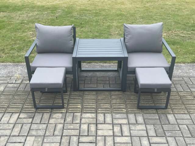 Rackhams Aluminium 5 Pieces Garden Furniture Set Chair And 2 Small Footstool with Table Including Cushions Dark Grey - image 1