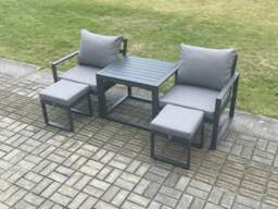 Rackhams Aluminium 5 Pieces Garden Furniture Set Chair And 2 Small Footstool with Table Including Cushions Dark Grey - thumbnail 2