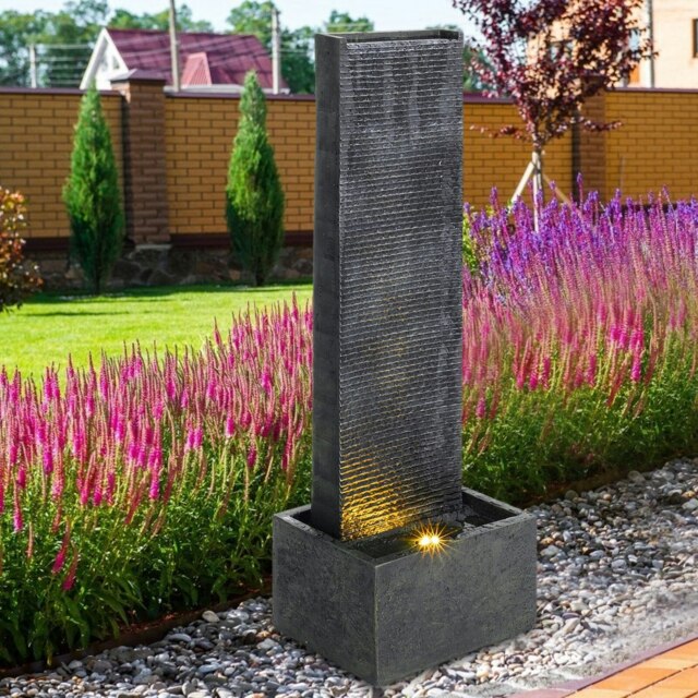 Rackhams 98cm H Black Rectangle Waterfall Stone Look Water Fountain with LED Light - image 1